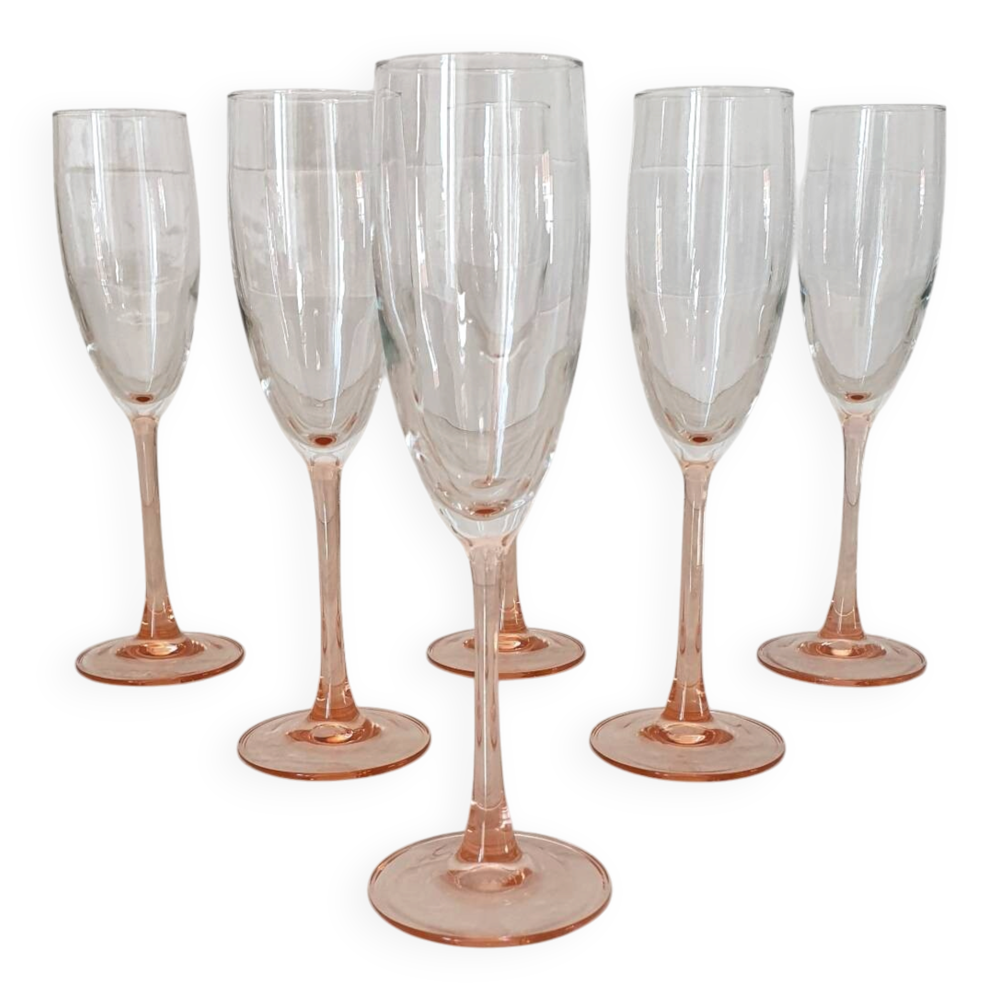 6 champagne flutes with pink stems