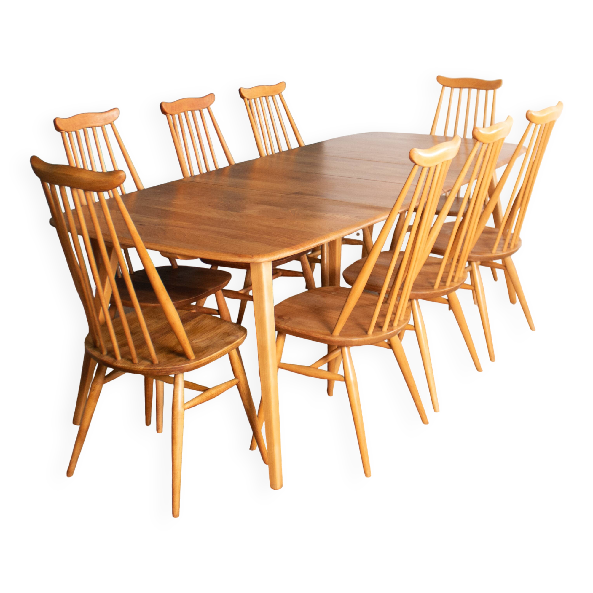 Table de salle à manger rétro en orme blond modèle 444, grande planche et 8 chaises de salle à manger d'orfèvre