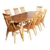 Retro Blonde Elm Model 444 Grand Plank Dining Table & 8 Goldsmith Dining Chairs