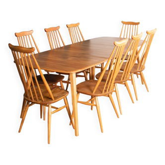 Retro Blonde Elm Model 444 Grand Plank Dining Table & 8 Goldsmith Dining Chairs