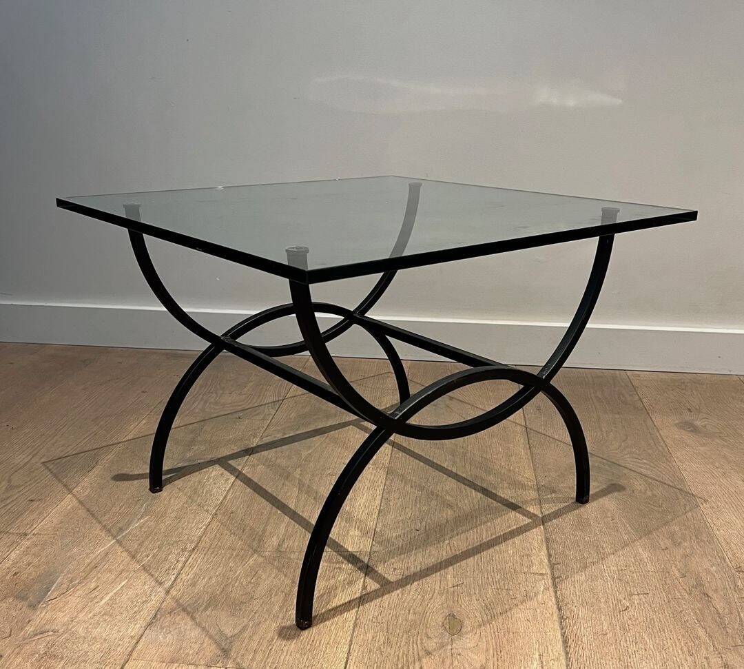 Pair of Black Lacquered Wrought Iron and Glass Side Tables, French Work