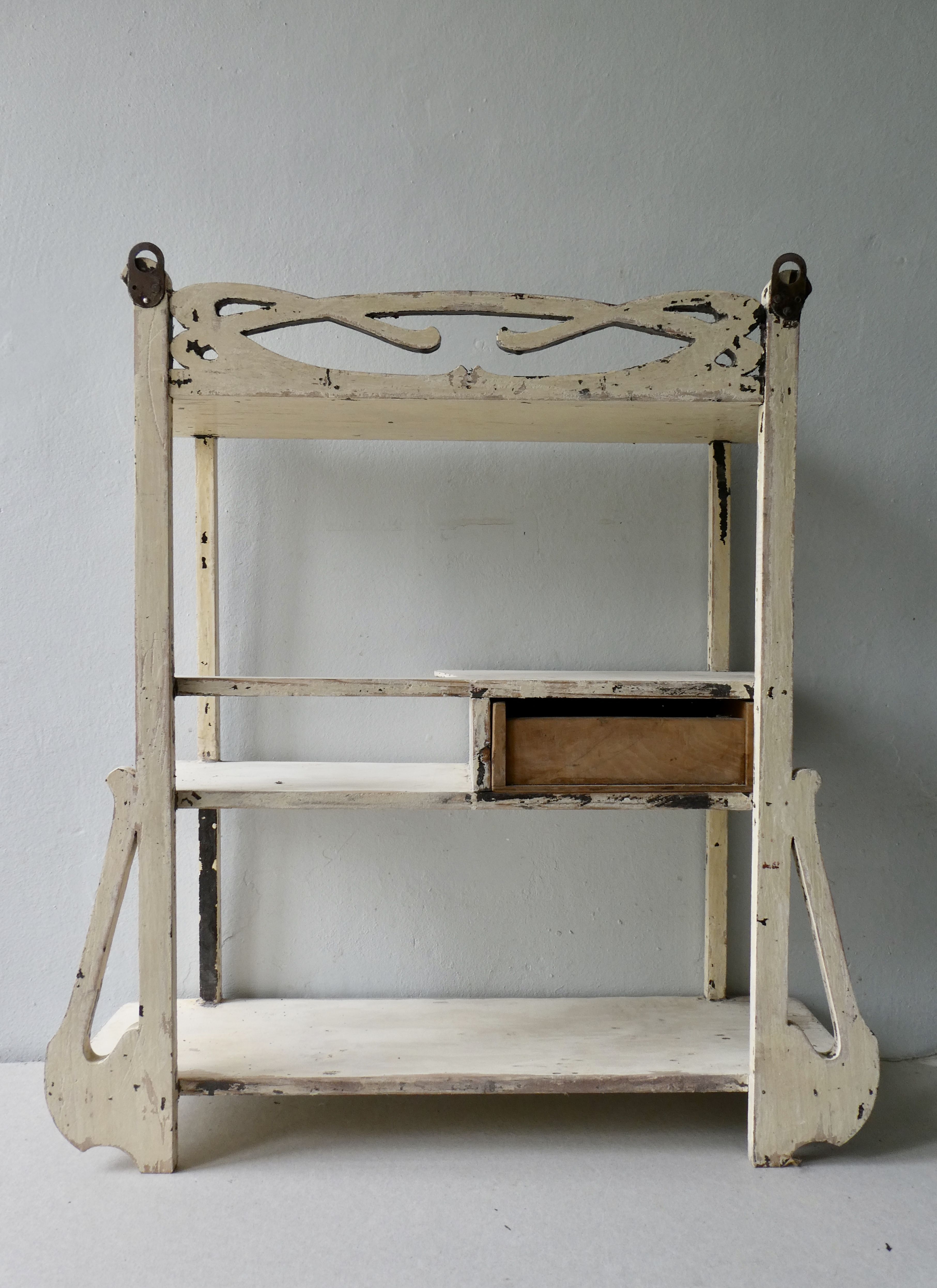 Art Nouveau wall shelf, wooden, cream patina