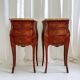 Mid-century French Louis XV style bedside tables with marble tops and floral marquetry, 1940s, set of 2
