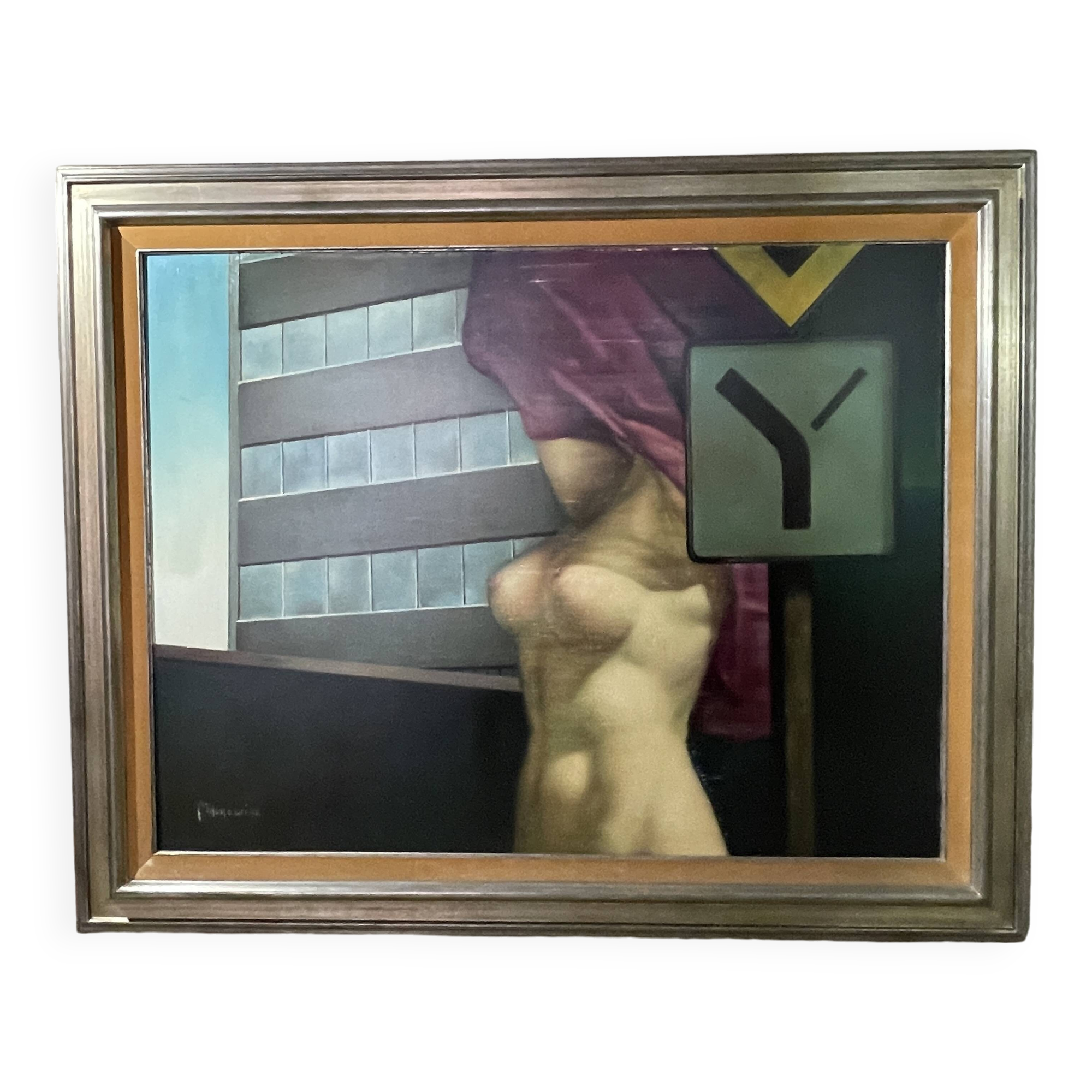 Painting "Nude at the traffic sign" Belgian Pop Art, MACKOWIAK ERWIN, oil on canvas, ca 1975