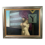 Painting "Nude at the traffic sign" Belgian Pop Art, MACKOWIAK ERWIN, oil on canvas, ca 1975