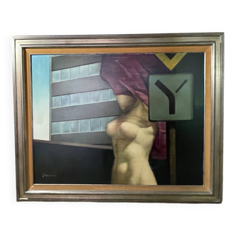 Painting "Nude at the traffic sign" Belgian Pop Art, MACKOWIAK ERWIN, oil on canvas, ca 1975