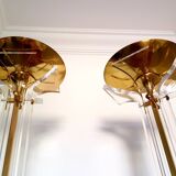 Pair of plexiglass and brass floor lamps