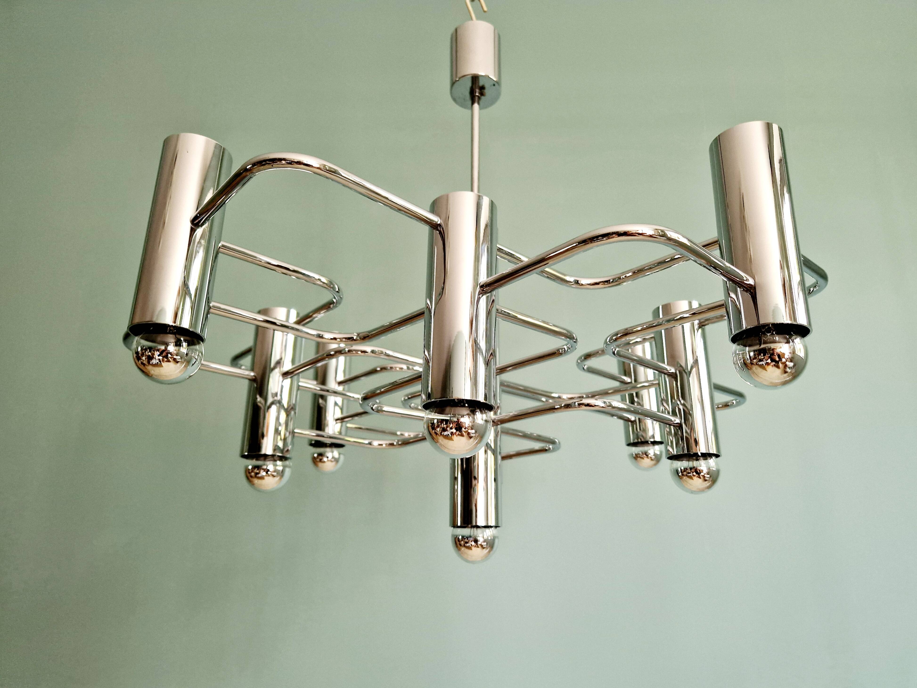 Vintage chrome metal chandelier, Sciolari, 70s