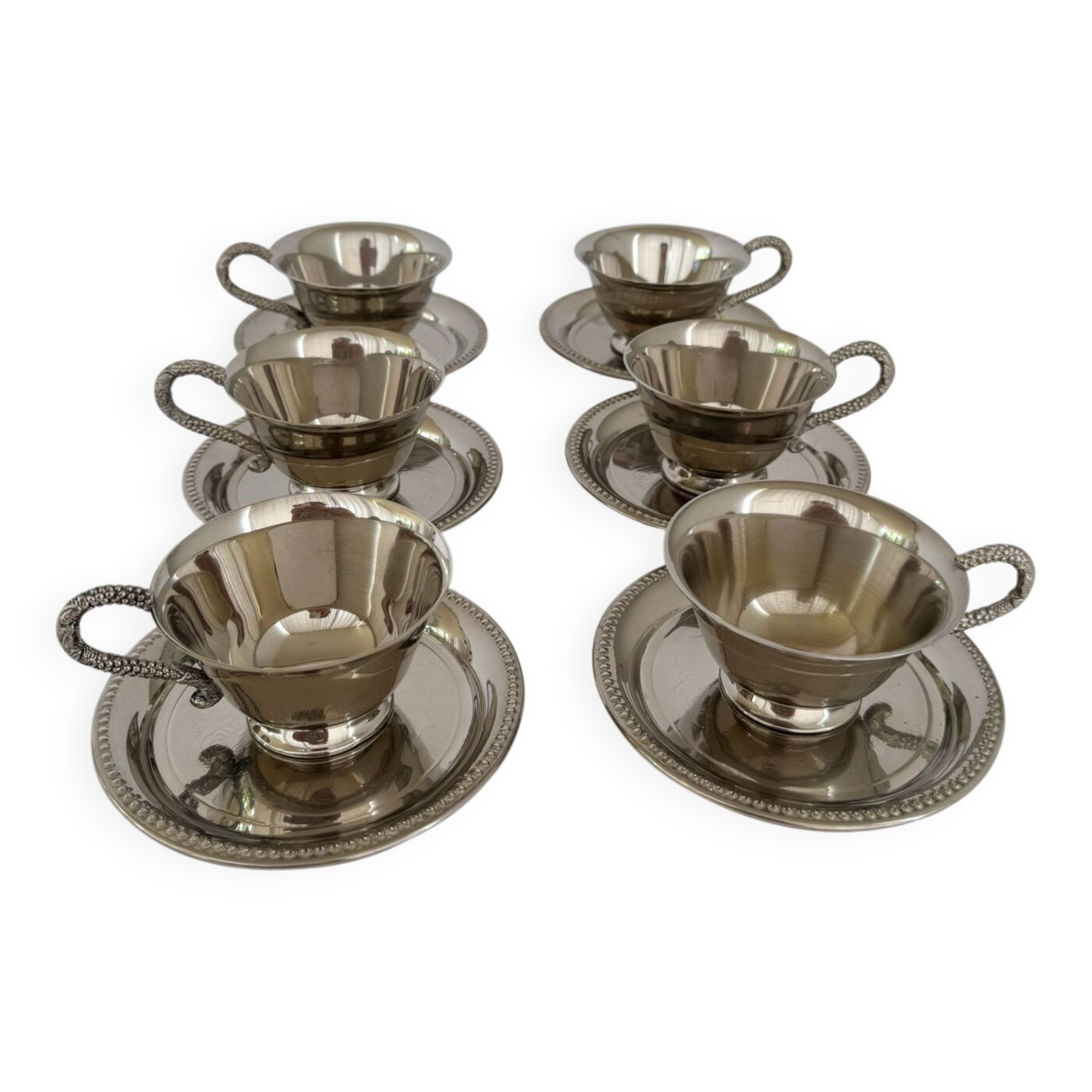 Set of 6 Antique Early 20th Century Silver Plated Coffee Cups With Sau