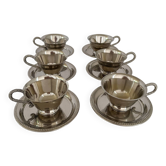 Ensemble de 6 tasses à café en métal argenté antiques du début du 20e siècle avec soucoupes.