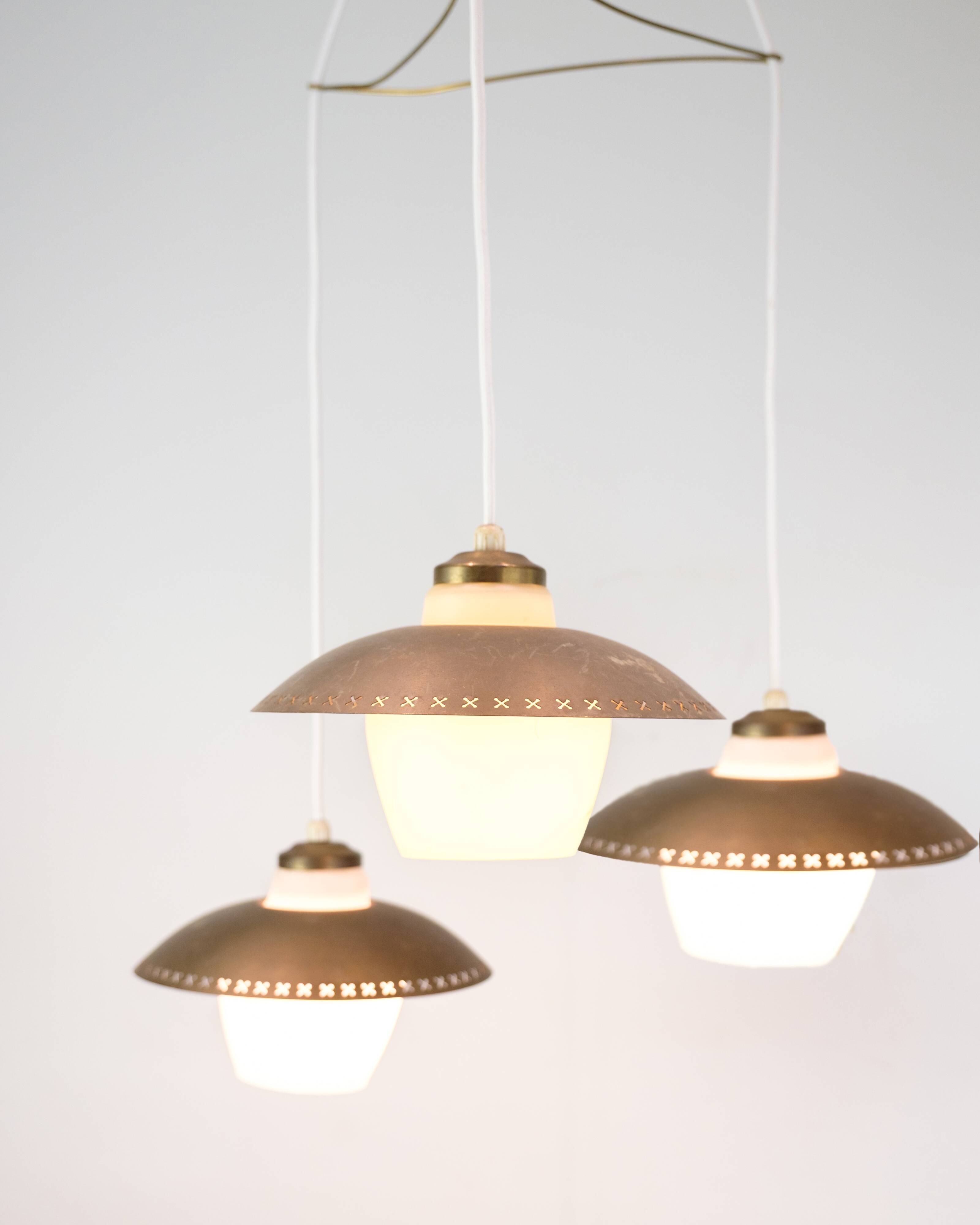 Vintage three-arm ceiling pendant – opal glass and brass – Bent Karlby –1950/60s