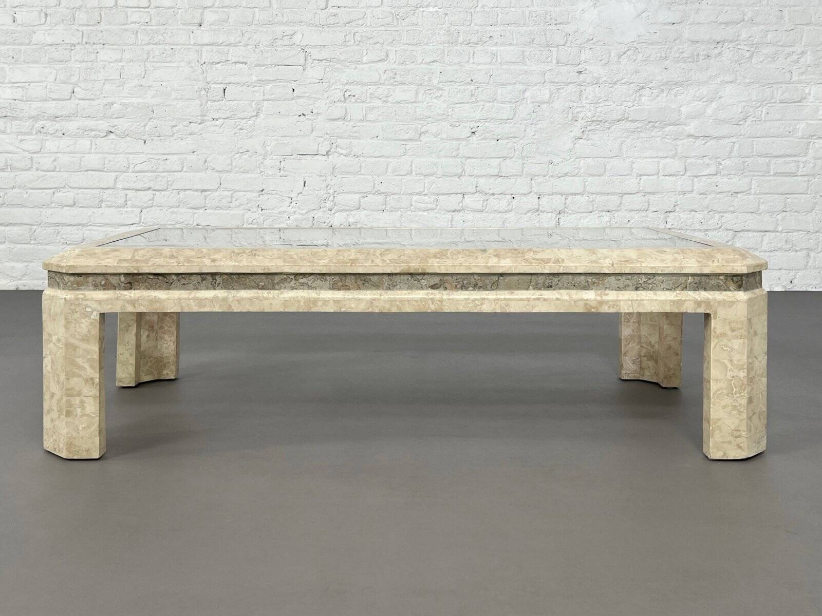 1980s coffee table in stone and glass marquetry