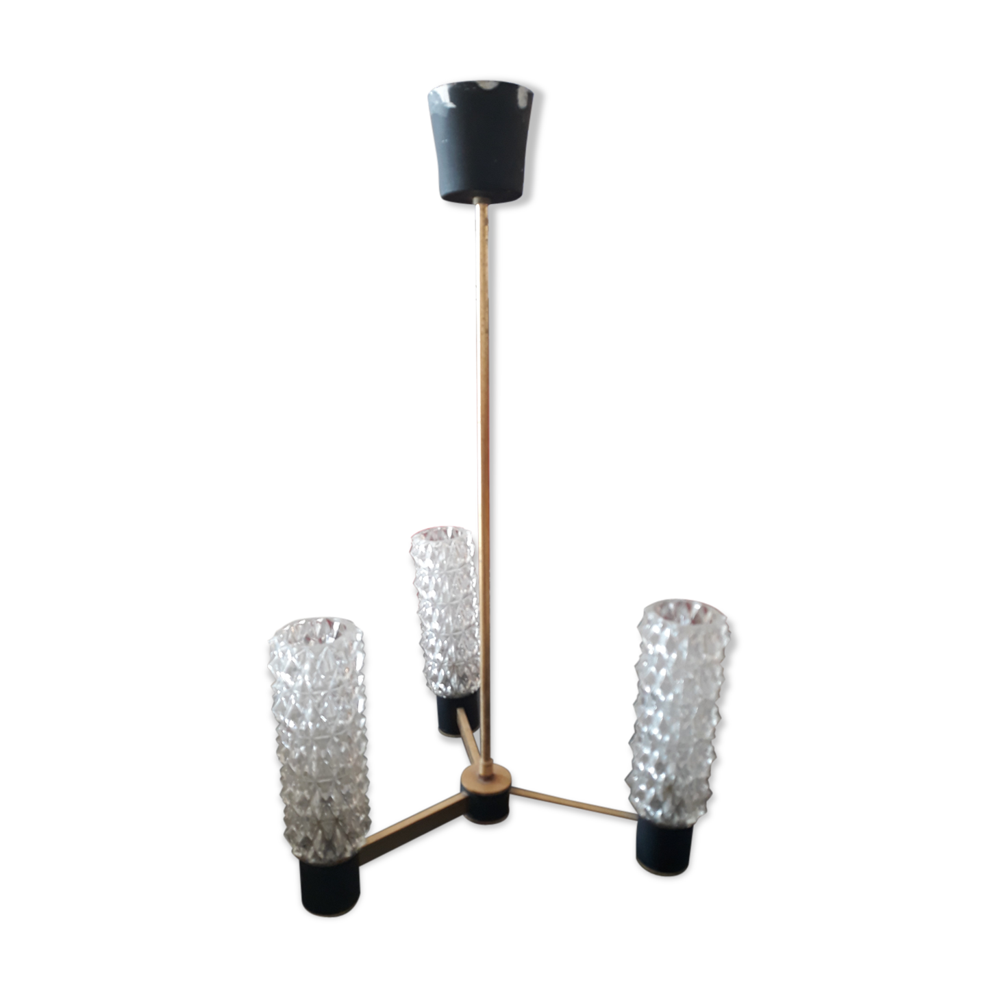 Chandelier 3 arm brass and glass 1960
