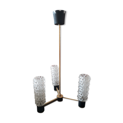 Lustre à 3 bras en laiton et verre 1960