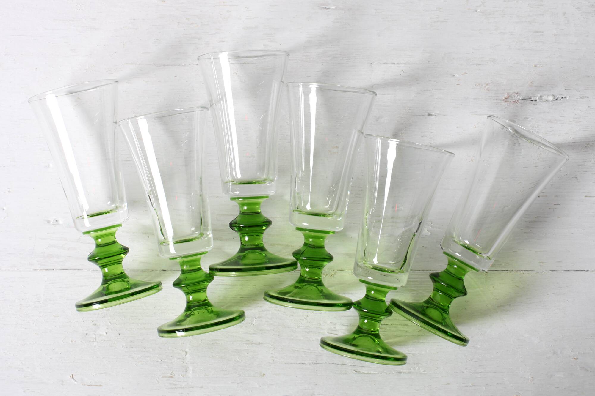 Set of 6 Vintage Green-Footed Glasses / Mid-century Rare Liquor Flutes