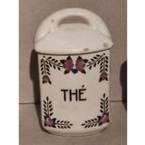 5 old art deco pots in vintage ceramic with spices, flour, pepper, coffee, tea, sugar