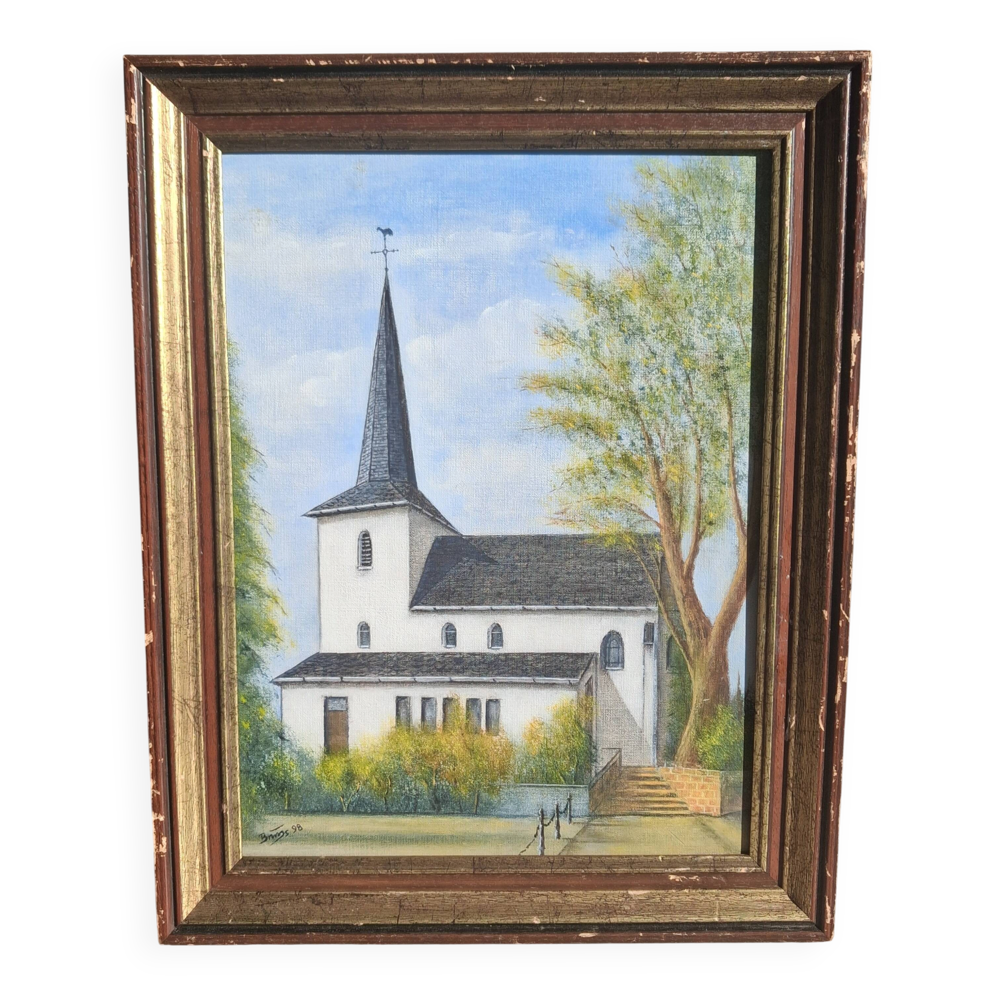 Oil on isorel depicting a church from Northern Europe.