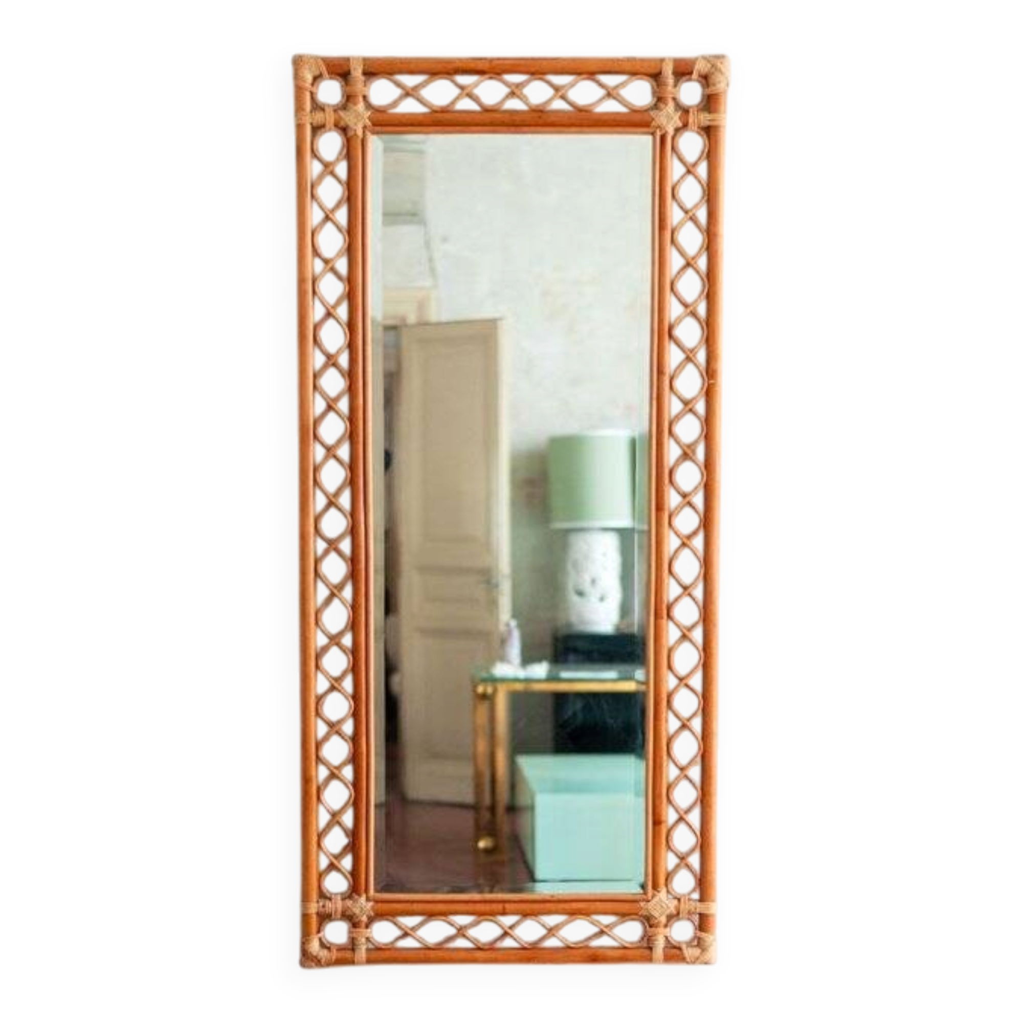 Grand miroir rectangulaire en bambou, années 1970
