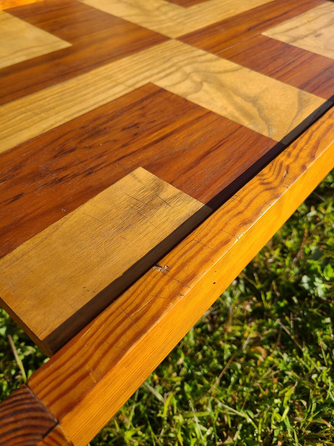 Pine coffee table, 1970s marquetry top, vinyl record rack.