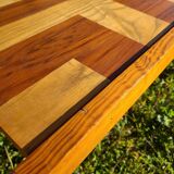 Pine coffee table, 1970s marquetry top, vinyl record rack.