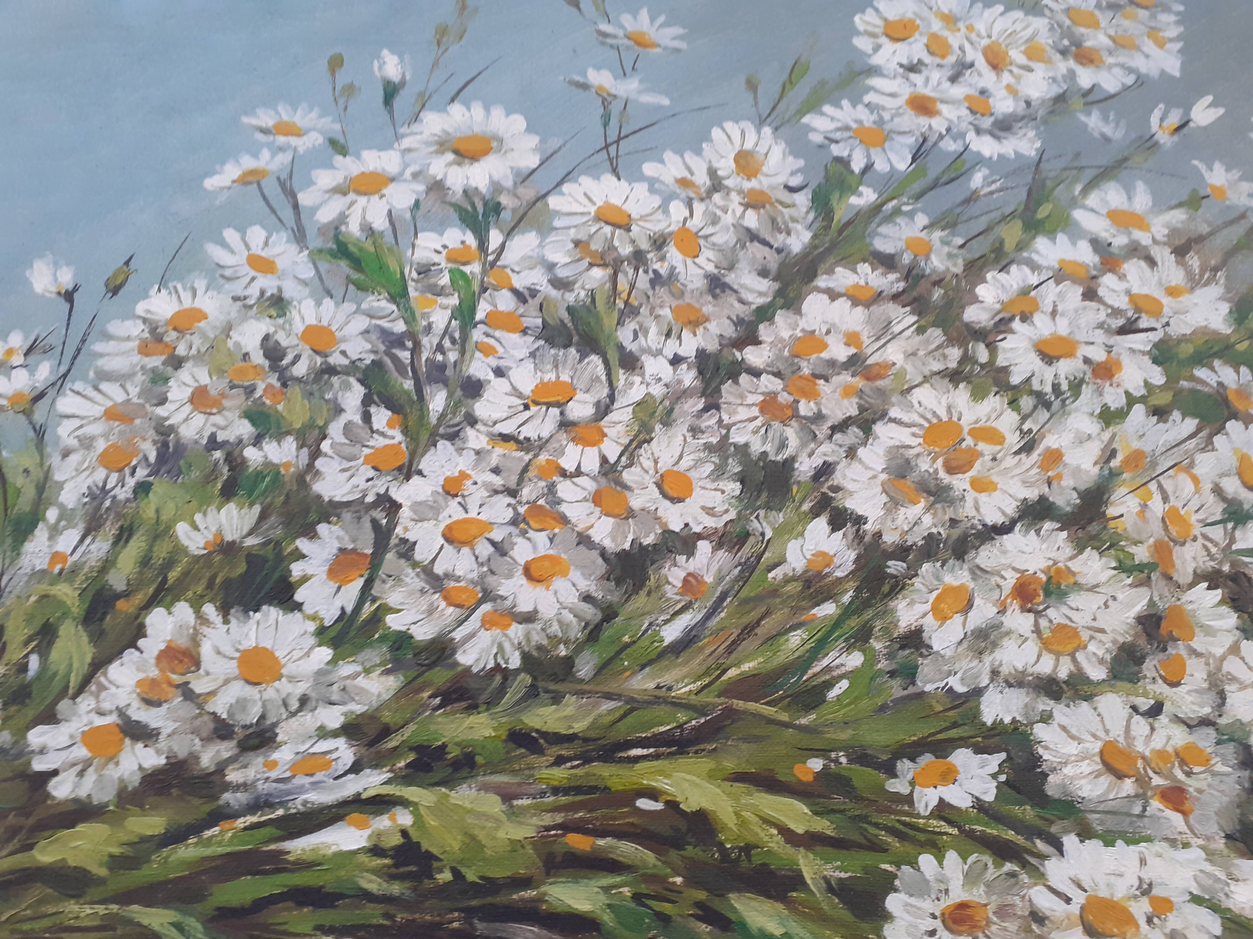 Vintage still life painting with daisies
