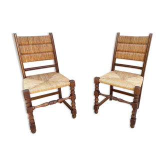 Pair of straw and solid oak country chairs