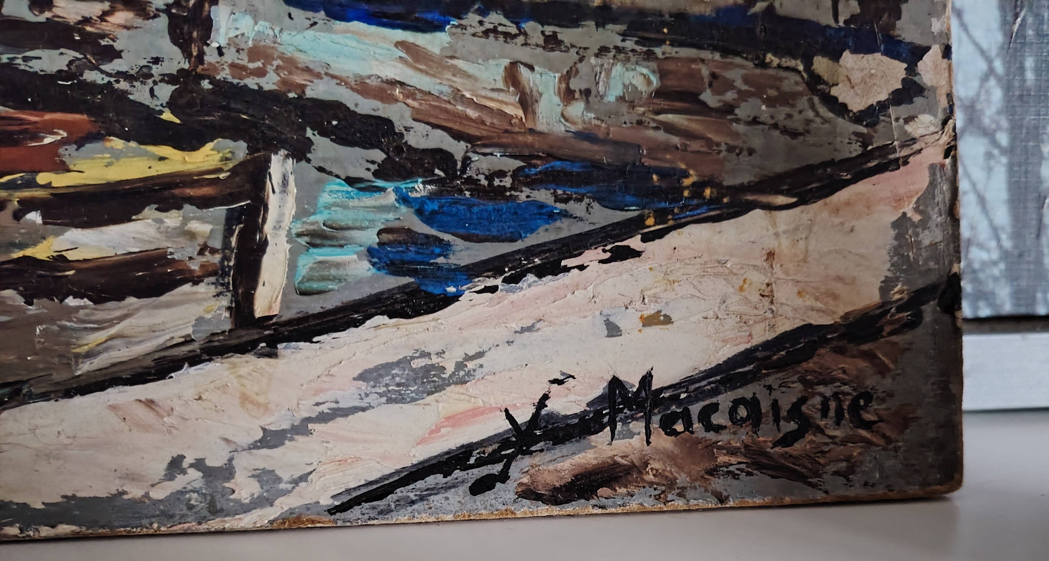 Fishing port painting - oil on wood panel, signed y. macaigne