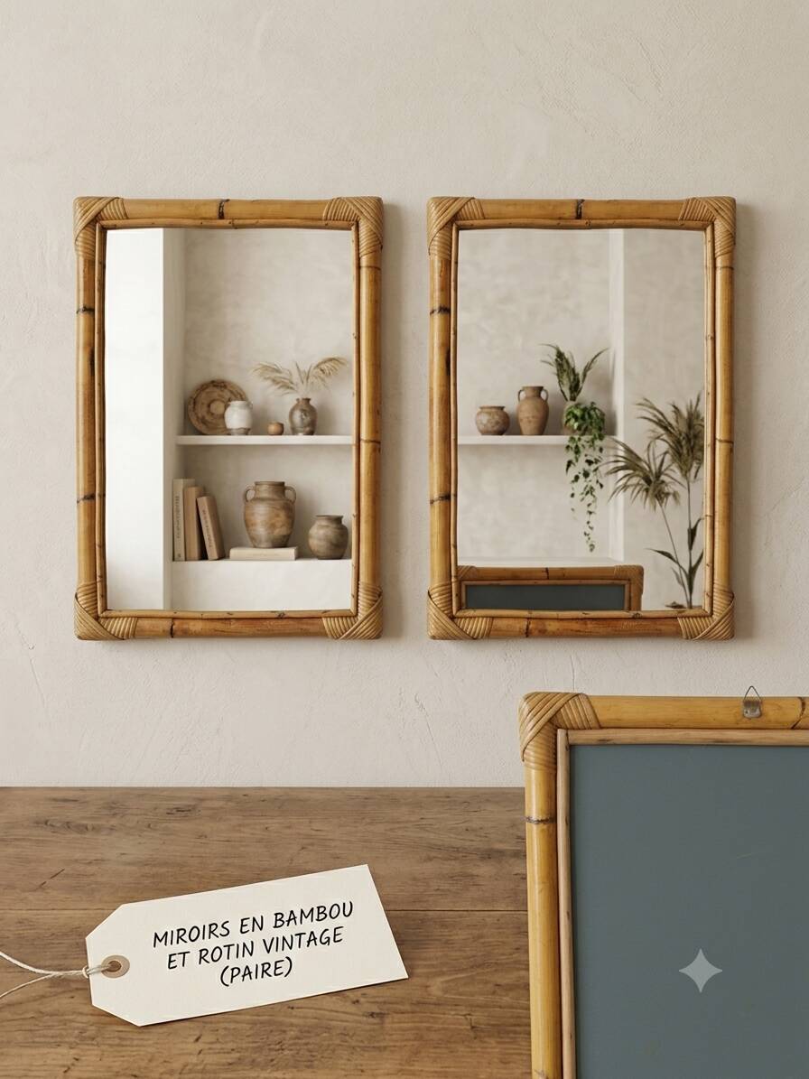 Pair of vintage bamboo and rattan mirrors