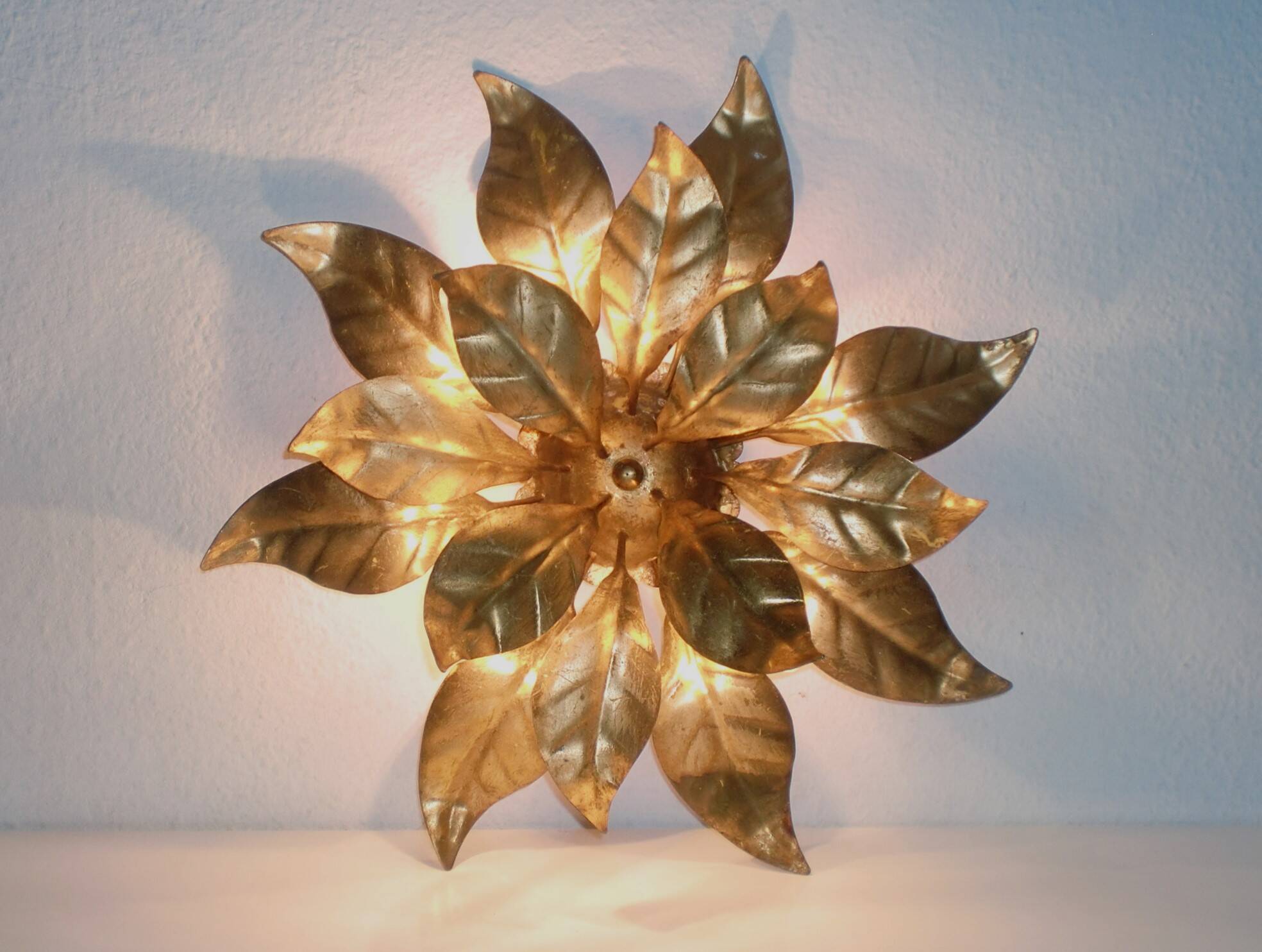 Pair of Florentine Wall Lamps / Ceiling Lights Golden Metal Leaves