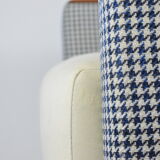 Mid- century modern armchair, 1970s, restored, blue and white velvet, pied de poule fabric