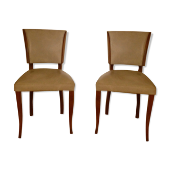Pair of solid oak chairs 50s 60s with curved feet - upholstered in skaï in condition!