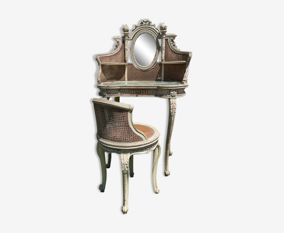 Coiffeuse et son fauteuil laqués & cannés style Louis XVI | Selency