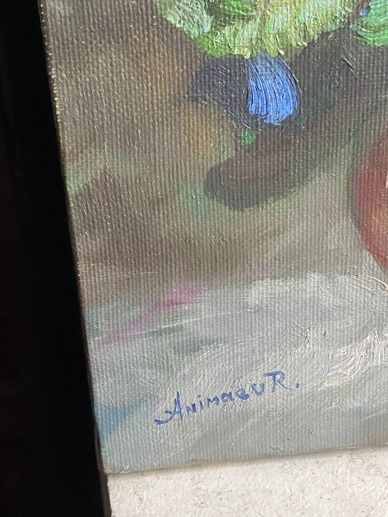 Old painting primroses signed Rinat Animaev – Russian school – oil on