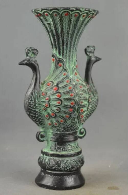 Vintage Hand-Carved Double Peacock Vase, Auspicious Green Jade Vase, Home decor