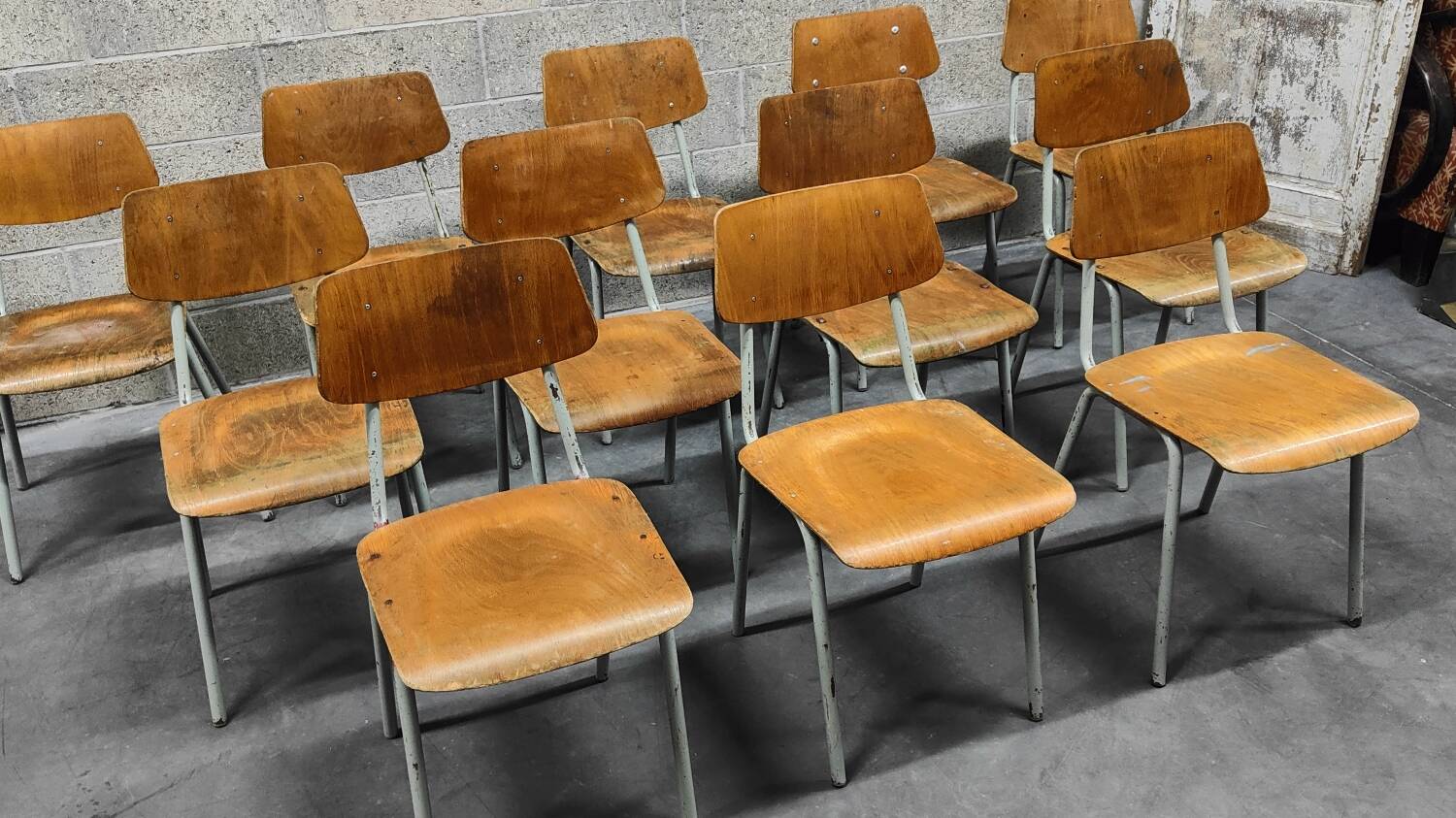 Set of 12 metal and wood school chairs Czechoslovakia Kovona