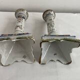 Candlesticks, square base, 19th century, Fourmaintraux, Desvres, flower decoration, scrolls, lambrequins, trellis