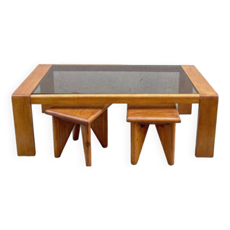 Thermomolded teak coffee table and these nesting stools