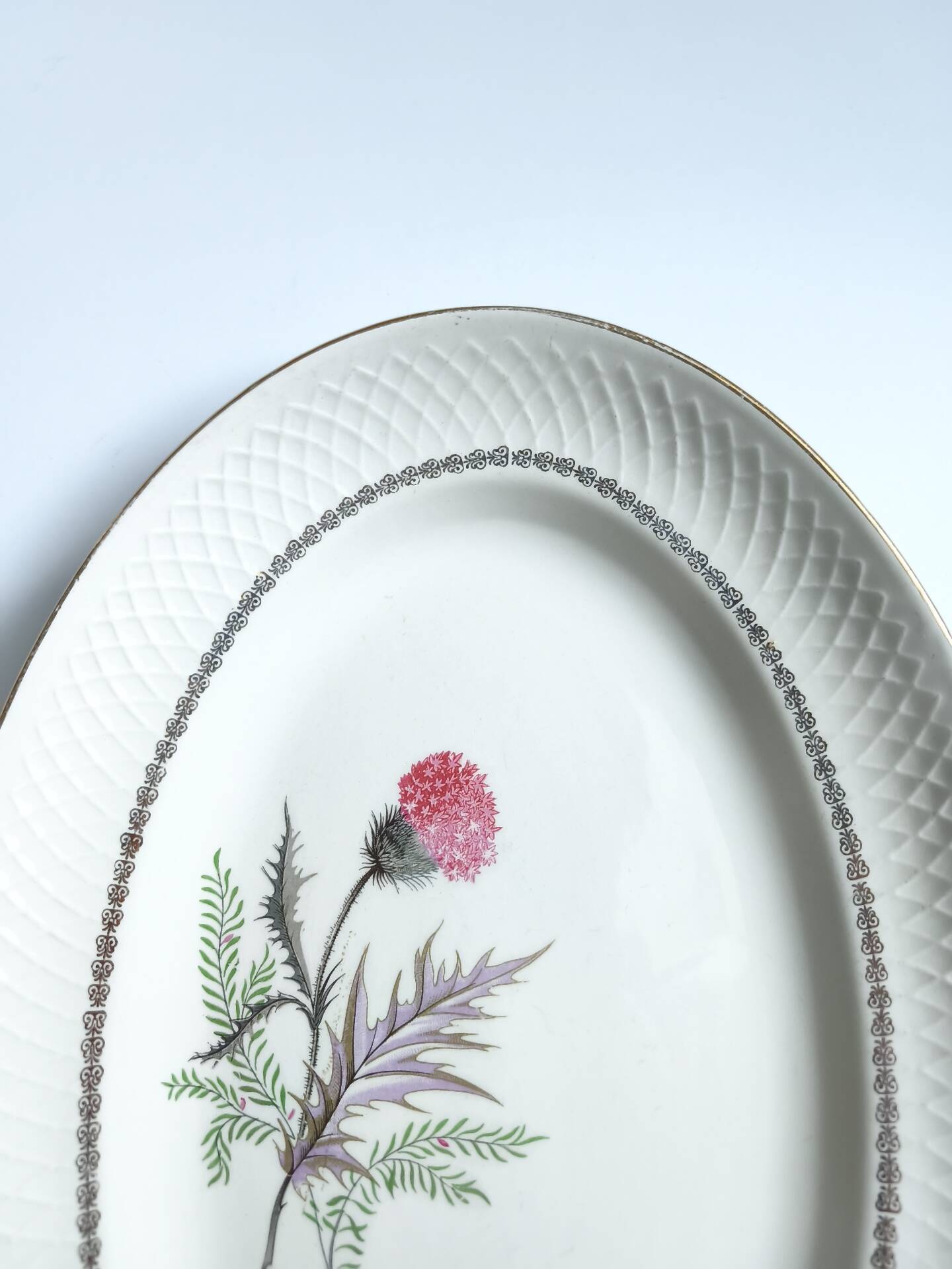 Vintage oval plate signed Moulin des Loups model Imperia pink flower
