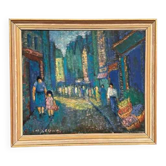 Huile sur toile originale – « Rue de la ville la nuit » par Olle Larsson