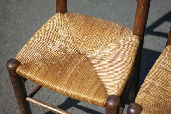 Lot de 4 chaises bois et paille, chaise bois, chaise paillée, campagne, chalet