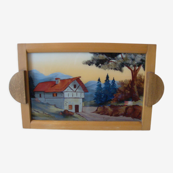 Former Art Deco wooden service tray mountain décor on glass signed FLOREL