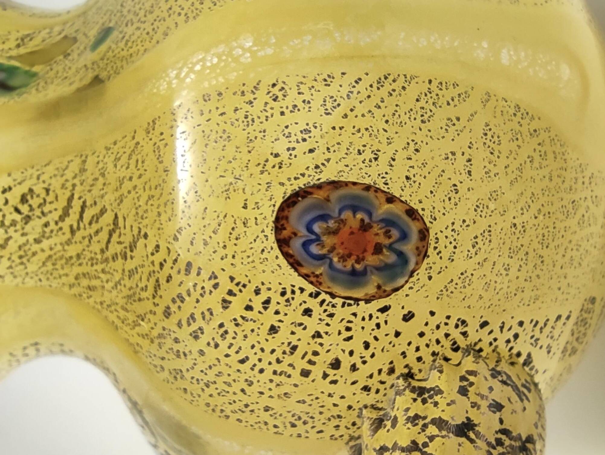 Postmodern Yellow Opaline Hand Blown Glass Jug with Murrines and Silver Flakes