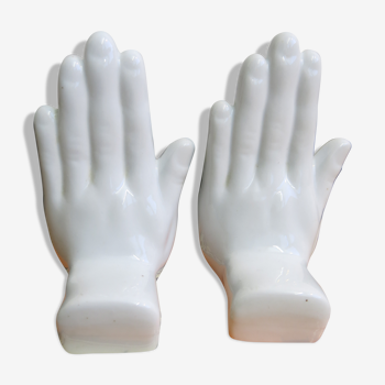 Bookends pair of hands in white ceramic