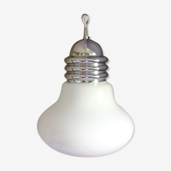 Suspension ampoule en opaline blanche et métal chromé, vintage années 70-80