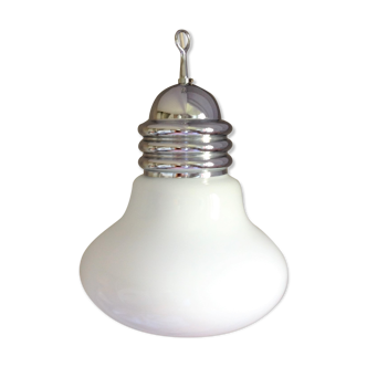 Suspension bulb in white opaline and chrome, vintage metal 70s-80s