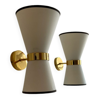 Pair of vintage wall lamps, brass and unbleached fabric, Italy 1980