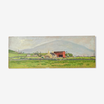 Painting on wood panel depicting farm buildings