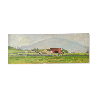 Painting on wood panel depicting farm buildings