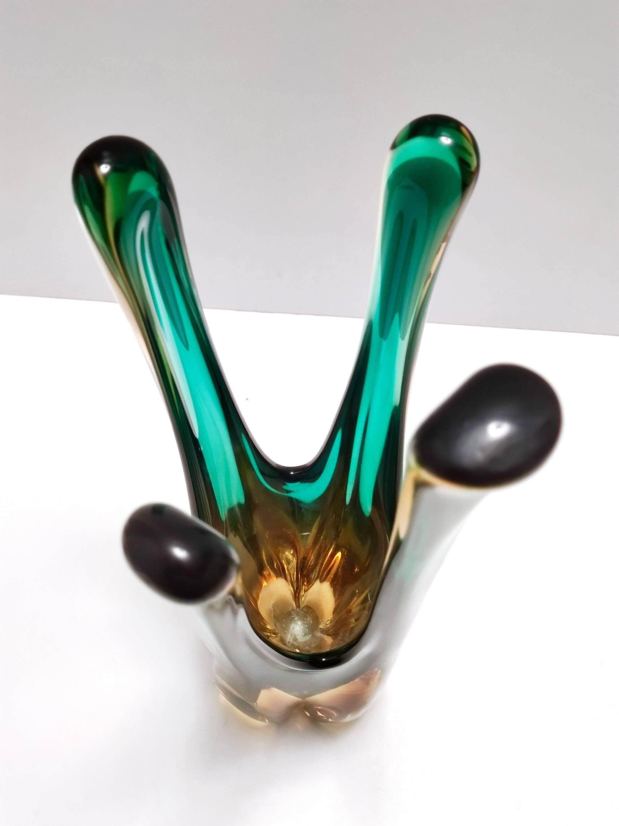 Green and Amber Murano Glass Centerpiece Vase, Italy