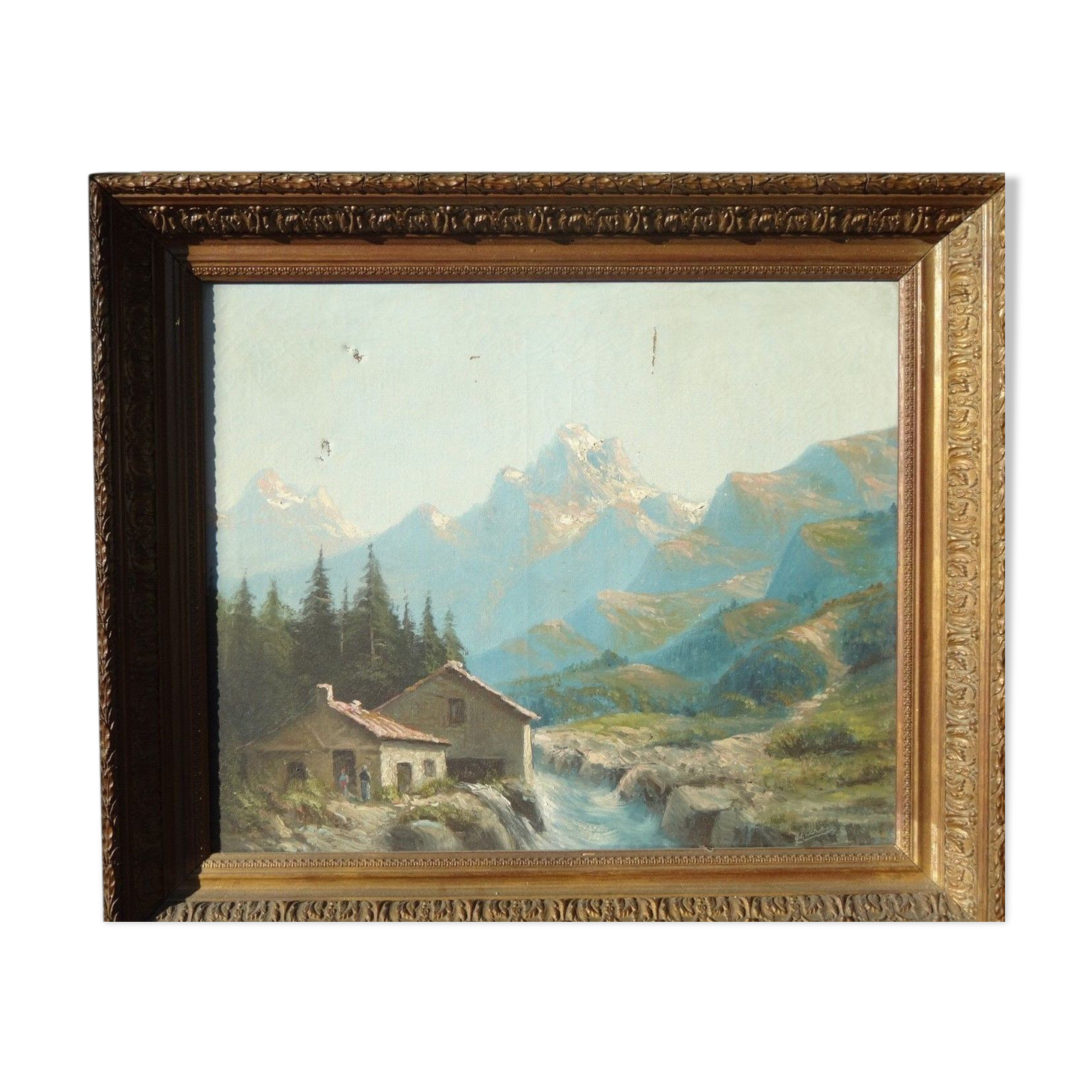 Painting mountains snowy landscape frame gilded wood signed 72x62cm